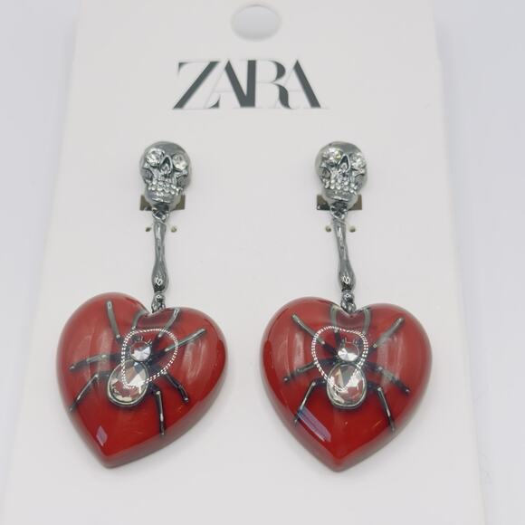 ZARA Halloween Earrings Red Lucite Gothic Heart Spider Crystal Drop Dangle NEW - Picture 2 of 8